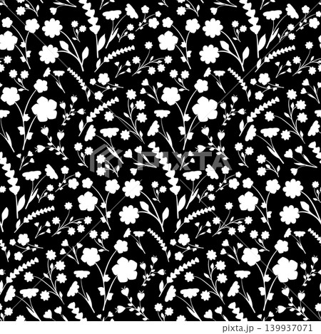 A dense arrangement of white flowers and delicate leaves creates a beautiful seamless pattern. The detailed floral elements stand out clearly against a solid black backdrop. A dense arrangement of white flowers and delicate leaves creates a beautiful seamless pattern. The detailed floral elements stand out clearly against a solid black backdrop. 139937071