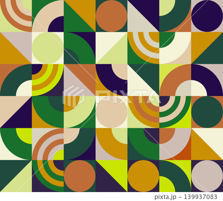 Seamless geometric pattern in Bauhaus style, abstract colorful texture with circles, arches and triangles, modernist vector background. Eps 10 139937083