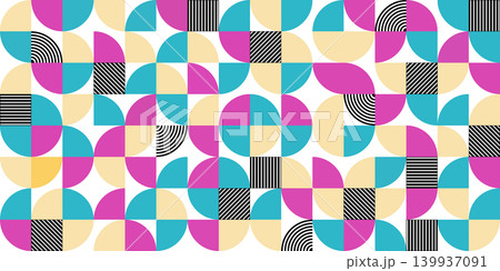 Abstract geometric seamless pattern on white background, minimalist pop art vector background with circular shapes, semicircles and linear accents in pink and turquoise tones. Eps 10 Abstract geometric seamless pattern on white background, minimalist pop art vector background with circular shapes, semicircles and linear accents in pink and turquoise tones. Eps 10 139937091