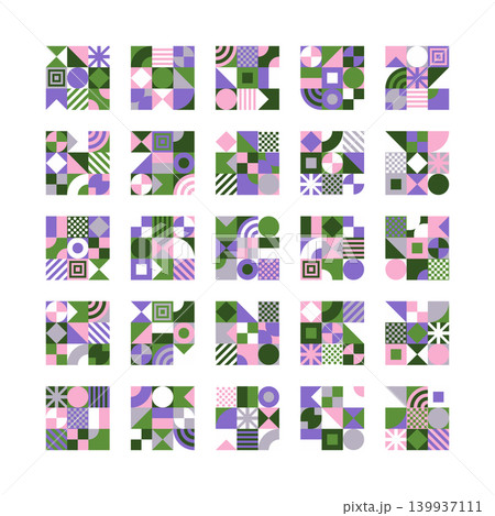 Big set of 25 abstract geometric square icons, minimalist Bauhaus and Memphis style vector tiles in pink, lavender and green tones. Eps 10 Big set of 25 abstract geometric square icons, minimalist Bauhaus and Memphis style vector tiles in pink, lavender and green tones. Eps 10 139937111