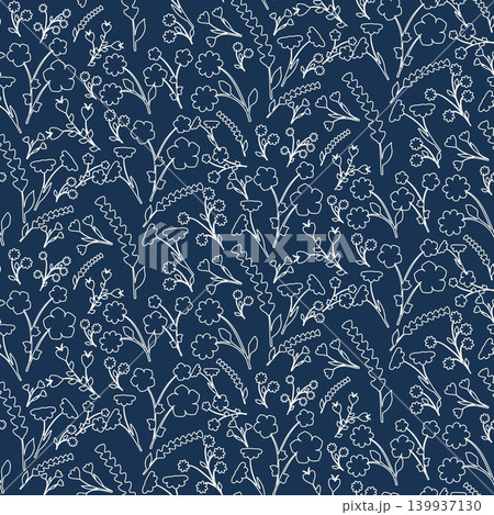 A continuous design shows numerous white outline drawings of small flowers, stems, and leaves against a dark blue background. A continuous design shows numerous white outline drawings of small flowers, stems, and leaves against a dark blue background. 139937130