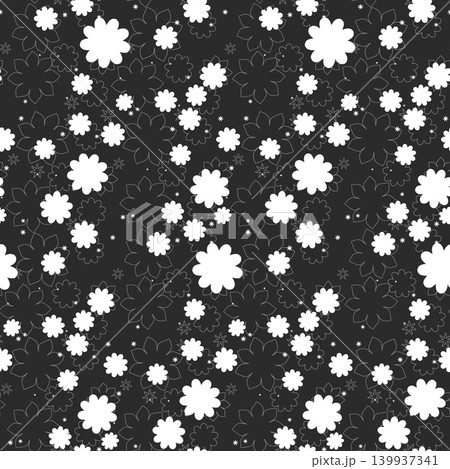A decorative repeating design shows white solid and outlined flowers of various sizes on a dark background. A decorative repeating design shows white solid and outlined flowers of various sizes on a dark background. 139937341