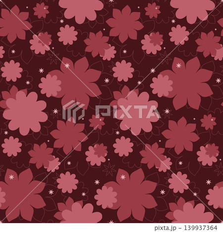 This seamless design showcases a repeating arrangement of stylized flowers in various shades of red and pink. 139937364