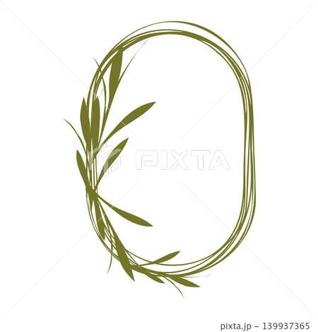 An elegant oval frame is formed by multiple thin green lines. Several olive-colored leaves adorn its left side, creating a simple, natural, and decorative botanical design. An elegant oval frame is formed by multiple thin green lines. Several olive-colored leaves adorn its left side, creating a simple, natural, and decorative botanical design. 139937365