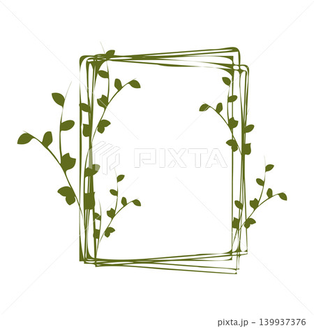 A stylized square frame made of multiple green lines, adorned with delicate green leaves and branching vines. A stylized square frame made of multiple green lines, adorned with delicate green leaves and branching vines. 139937376