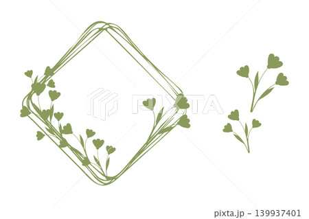 A green diamond shaped frame displays small heart shaped flowers and stems. The minimalist design includes a few floral elements growing around the frame. A green diamond shaped frame displays small heart shaped flowers and stems. The minimalist design includes a few floral elements growing around the frame. 139937401