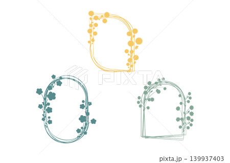 Three unique hand drawn floral frames, one yellow and two teal, adorn a simple white background. The yellow frame showcases spiky sun-like flowers. Three unique hand drawn floral frames, one yellow and two teal, adorn a simple white background. The yellow frame showcases spiky sun-like flowers. 139937403
