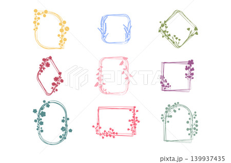 Nine stylized frames feature a range of shapes, each decorated with delicate floral elements. Soft colors like yellow, pink, blue, green, and purple adorn the frames on a white background. 139937435