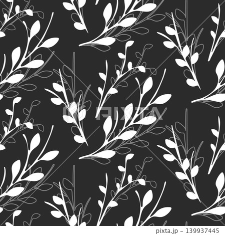 A seamless decorative pattern showcasing stylized white and outlined grey branches with leaves. A seamless decorative pattern showcasing stylized white and outlined grey branches with leaves. 139937445