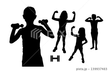Silhouette of children doing athletics lifting dumbbells. vector illustration. hand drawn. Not AI. 139937483