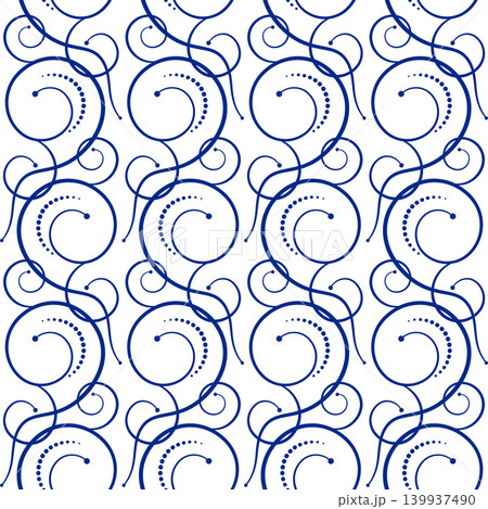 Blue intricate swirls on white background. Seamless pattern of calligraphy flourish. Monochrome vintage style curly ornament. Ornamental filigree background for winter decor 139937490