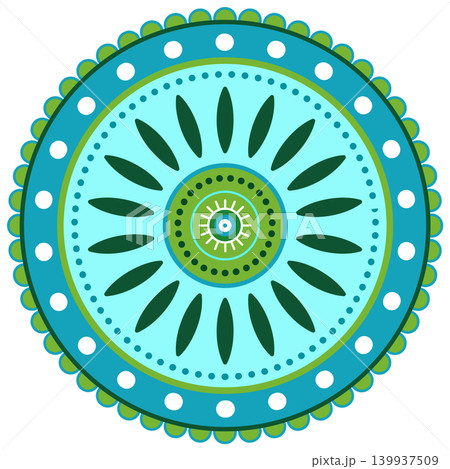 Colorful circle floral ethnic mandala in blue green colours. Mandala ornament vector illustration. Small mandala in white background. Decorative design element for printing Colorful circle floral ethnic mandala in blue green colours. Mandala ornament vector illustration. Small mandala in white background. Decorative design element for printing 139937509