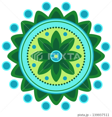 Floral round mandala. Ethnic flower design element in blue green colors. Bright, cheerful round motif for decorating dishes, home, and textiles Floral round mandala. Ethnic flower design element in blue green colors. Bright, cheerful round motif for decorating dishes, home, and textiles 139937511