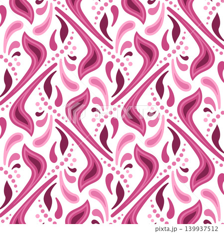 Ethnic red pink colorful ornament on white background. Fanciful seamless pattern of curved shapes Ethnic red pink colorful ornament on white background. Fanciful seamless pattern of curved shapes 139937512