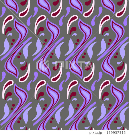 Purple red ornament on gray background. Ethnic background. Fanciful seamless pattern of curved lines Purple red ornament on gray background. Ethnic background. Fanciful seamless pattern of curved lines 139937513