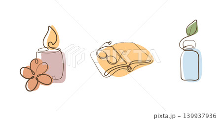This minimalist artwork features three distinct elements. A lit candle and flower suggest relaxation. An open book with glasses signifies reading. A bottle with a leaf represents nature. This minimalist artwork features three distinct elements. A lit candle and flower suggest relaxation. An open book with glasses signifies reading. A bottle with a leaf represents nature. 139937936