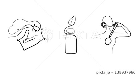 A trio of minimalist continuous line drawings illustrate wellness practices. One shows a hand with a cloth, another features a bottle with a leaf, and the third depicts a person scrubbing. A trio of minimalist continuous line drawings illustrate wellness practices. One shows a hand with a cloth, another features a bottle with a leaf, and the third depicts a person scrubbing. 139937960