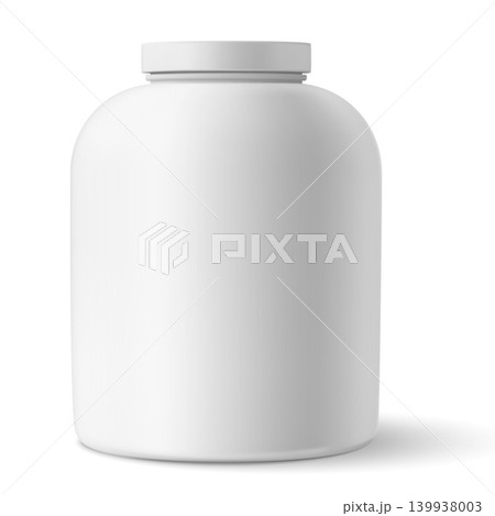 White big plastic bottle for vitamin supplement, sport nutrition tub, 3D realistic sport protein container vector mockup 139938003