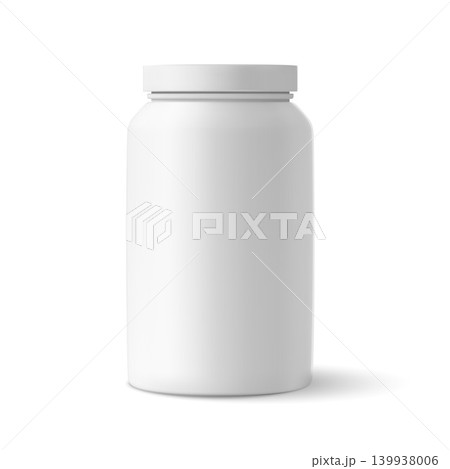 White plastic bottle for vitamin supplement, sport nutrition tub, 3D realistic sport protein container vector mockup 139938006