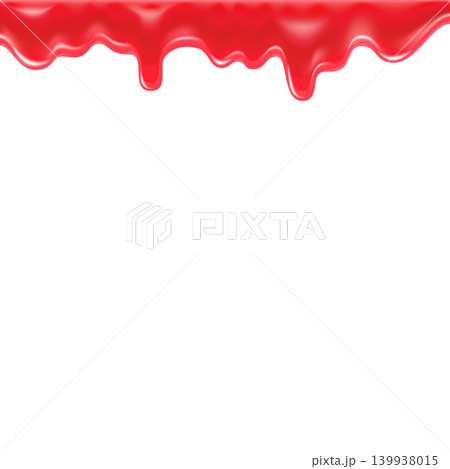 Red dripping drops of thick liquid on the top border of a frame. Blood, jam, varnish, paint, syrup, icing. Themes of medicine, cosmetics, and menus. Vector. Isolated background. Realism. 139938015