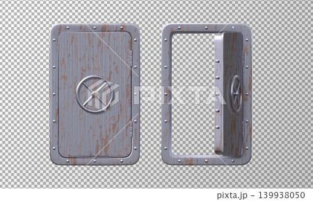 Submarine door with a circular wheel lock, vintage armor metal entrance open and close, vector realistic 3D bunker gate Submarine door with a circular wheel lock, vintage armor metal entrance open and close, vector realistic 3D bunker gate 139938050