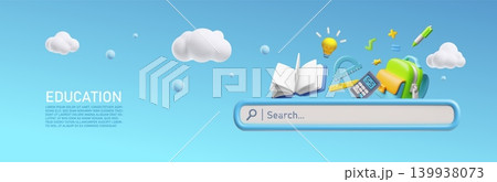 Education search 3D cartoon vector banner design, search bar with magnifying glass, UI UX website mobile app interface 139938073