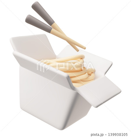 Chinese noodles in takeaway paper box with chopsticks fly, 3D vector Asian wok pasta cuisine menu, oriental fast food 139938105