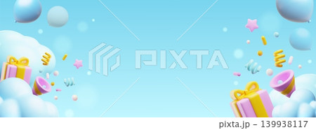 A festive 3D banner with blue clouds, balloons, a gift box, a party popper, and confetti. A festive 3D banner with blue clouds, balloons, a gift box, a party popper, and confetti. 139938117