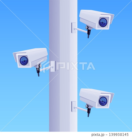 Three CCTV cameras are mounted on street pole, security safety video surveillance camera equipment flat vector Three CCTV cameras are mounted on street pole, security safety video surveillance camera equipment flat vector 139938145