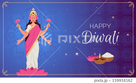 Happy Diwali festival of India greeting banner vector design. Cartoon Lakshmi Goddess with lotus, Hinduism religion Happy Diwali festival of India greeting banner vector design. Cartoon Lakshmi Goddess with lotus, Hinduism religion 139938162