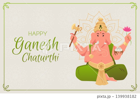 Happy Ganesh Chaturthi festival vector banner design, cartoon Lord Ganpati divine man with elephant head and four hands 139938182