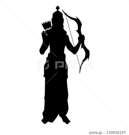 Lord Rama with bow and arrows vector black silhouette, Dussehra Hindu festival, Happy Shree Ram Navami of India isolated Lord Rama with bow and arrows vector black silhouette, Dussehra Hindu festival, Happy Shree Ram Navami of India isolated 139938197