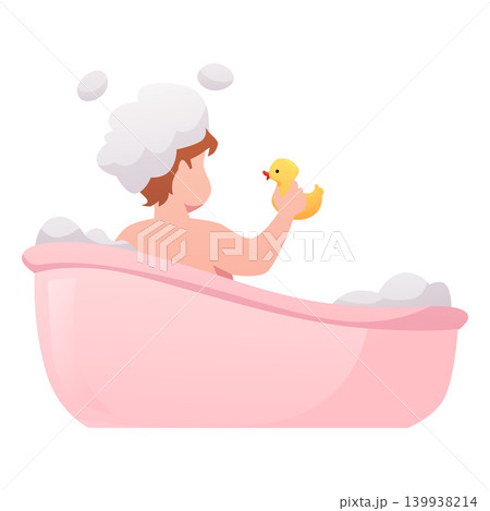 Little baby take a bath in pink bathtub, vector cartoon toddler playing with duck toy in bath with foam, infant hygiene Little baby take a bath in pink bathtub, vector cartoon toddler playing with duck toy in bath with foam, infant hygiene 139938214