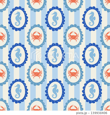 Nautical pattern with crabs and seahorses in hand drawn oval frames Nautical pattern with crabs and seahorses in hand drawn oval frames 139938406