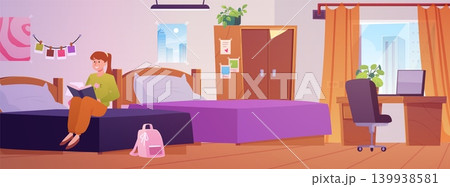 Student girl in dormitory sitting on the bed studying book, cozy interior of dormitory bedroom vector flat illustration 139938581