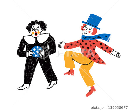 Two clowns. Vector isolated illustration in naive handdrawn style Two clowns. Vector isolated illustration in naive handdrawn style 139938677