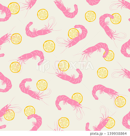 Seamless pattern with repeating pink shrimp and yellow lemon slices on neutral light background Seamless pattern with repeating pink shrimp and yellow lemon slices on neutral light background 139938864