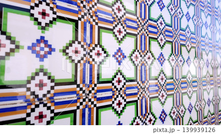 Traditional Azulejo Ceramic Tile Wall with Intricate Geometric Pixel Art Design 139939126