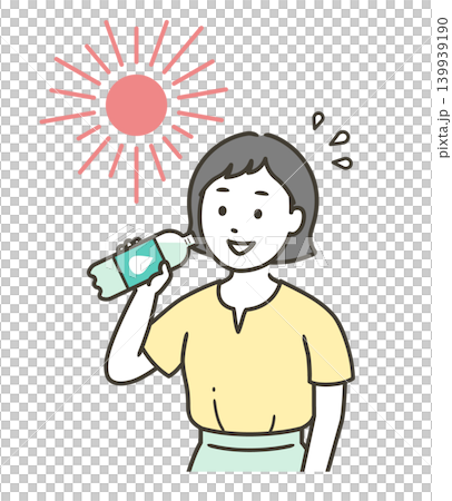 一幅描繪年輕女子在酷暑中補充水分的上半身的插圖。 139939190
