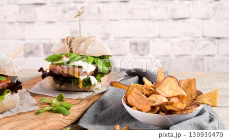 Healthy vegan burger with fresh vegetables and yogurt sauce 139939470