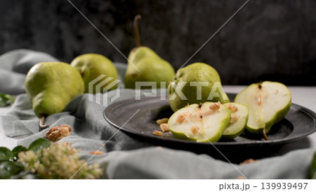 Metal plate with delicious ripe pears Metal plate with delicious ripe pears 139939497