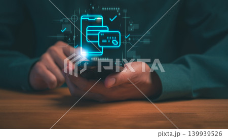 Hand using smartphone for mobile payment and digital wallet. Fintech technology for online shopping, banking, and contactless credit card e-commerce transactions. 139939526