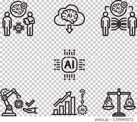 AI Business Technology Icon Set: Artificial Intelligence, DX, Reskilling, Automation, Prediction, Ethics, Pictograms 139940072