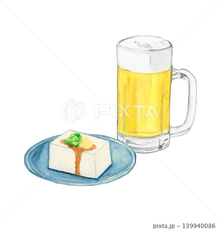 手描き水彩のジョッキビールと冷奴シンプルなおつまみイラスト 手描き水彩のジョッキビールと冷奴シンプルなおつまみイラスト 139940086