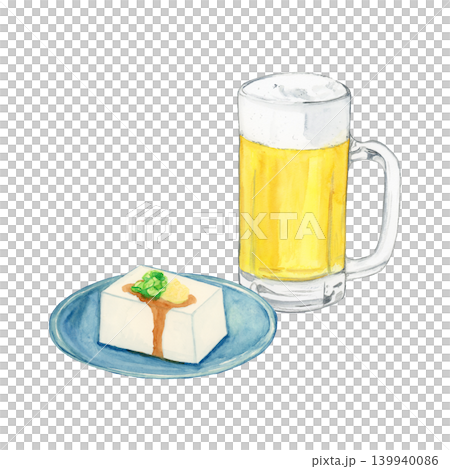 一幅手繪水彩插圖,描繪了一杯啤酒和冰鎮豆腐,簡單的零食。 一幅手繪水彩插圖,描繪了一杯啤酒和冰鎮豆腐,簡單的零食。 139940086