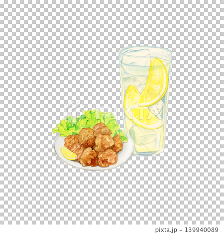 手繪水彩插圖,描繪了檸檬酸酒和炸雞——清爽的夏季酒精飲料材料。 手繪水彩插圖,描繪了檸檬酸酒和炸雞——清爽的夏季酒精飲料材料。 139940089