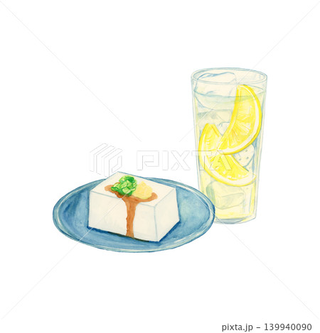 手描き水彩のレモンサワーと冷奴イラスト 爽やかな夏のアルコールドリンク素材 手描き水彩のレモンサワーと冷奴イラスト 爽やかな夏のアルコールドリンク素材 139940090