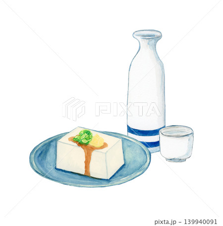 手描き水彩の日本酒と冷奴のイラスト 手描き水彩の日本酒と冷奴のイラスト 139940091