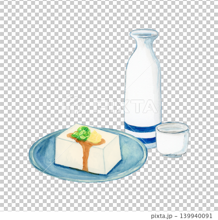 手描き水彩の日本酒と冷奴のイラスト 手描き水彩の日本酒と冷奴のイラスト 139940091
