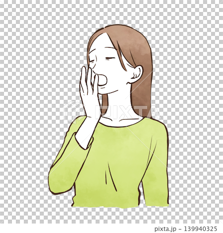 Young woman yawning (upper body, bust-up) - watercolor-style hand-drawn illustration. 139940325